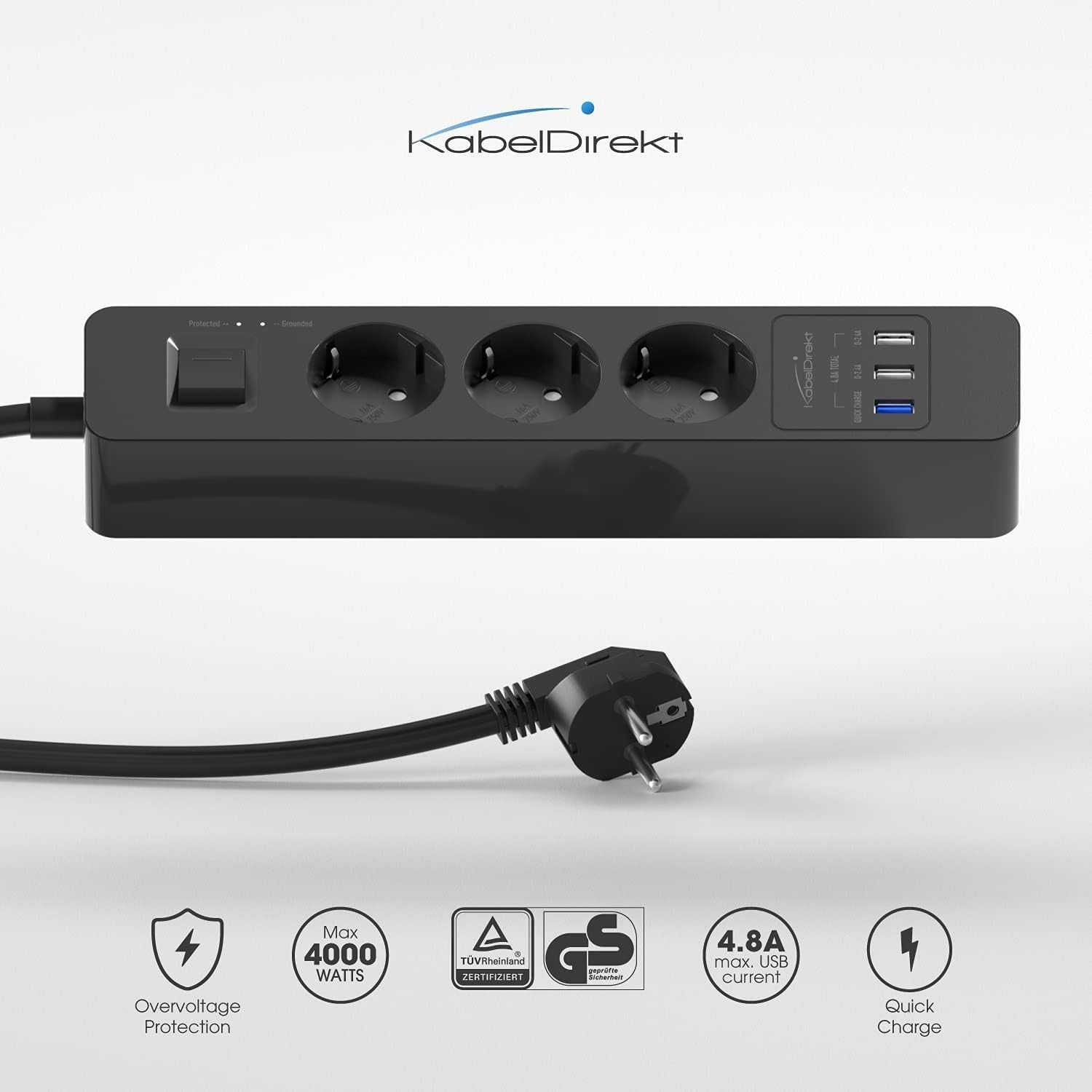 Listwa Zasilająca KABELDIREKT z 3 gniazdami 2 x USB-A, 1 x USB-C
