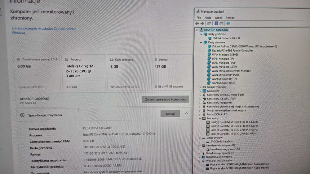 Komputer i5-3570 3.4 GHz, RAM 8GB, SSD 480 GB, NVIDIA GF GT7300