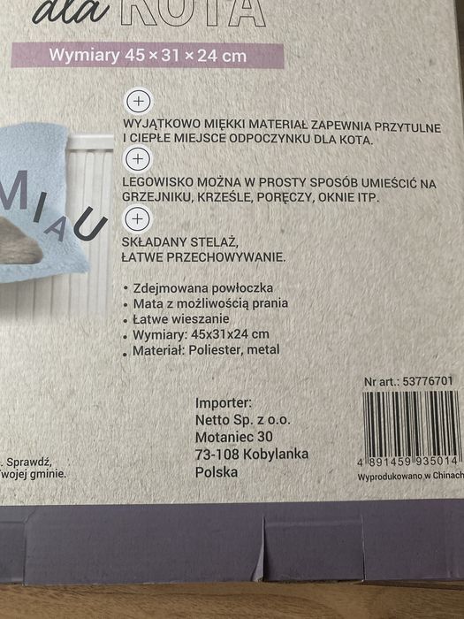 Zawieszane legowisko dla kota