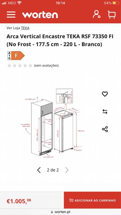 Arca congeladora vertical de encastrar