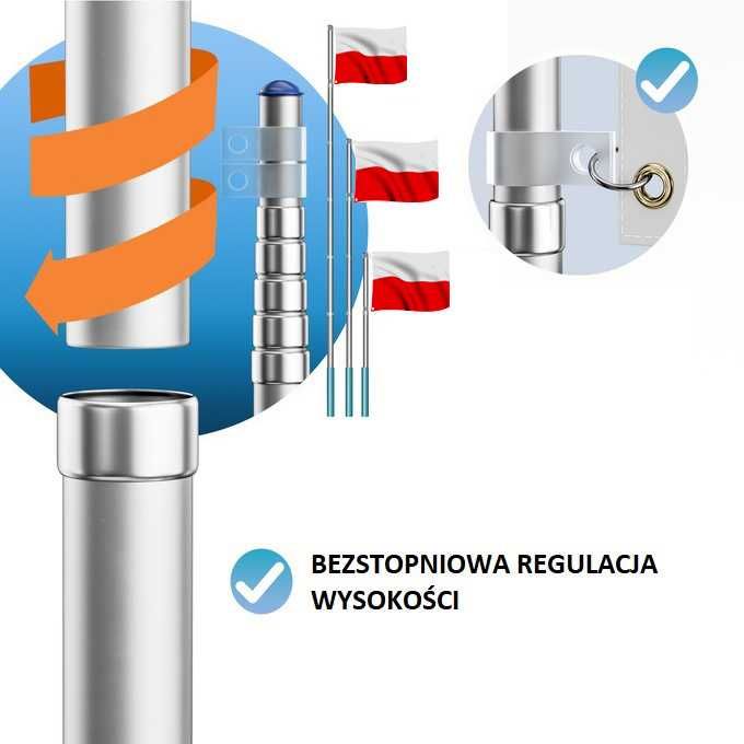 Maszt Aluminiowy Ogrodowy Flagowy 6,3 m +GRATIS Flaga Polski 150x90 cm