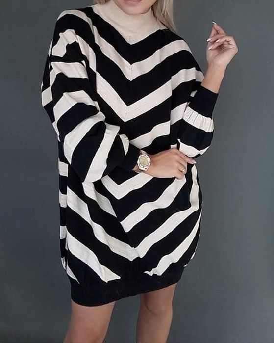 NOWY*Sweter*Półgolf*Pasy*Paski*Tunika*Sukienka*Czarno-Beżowy*