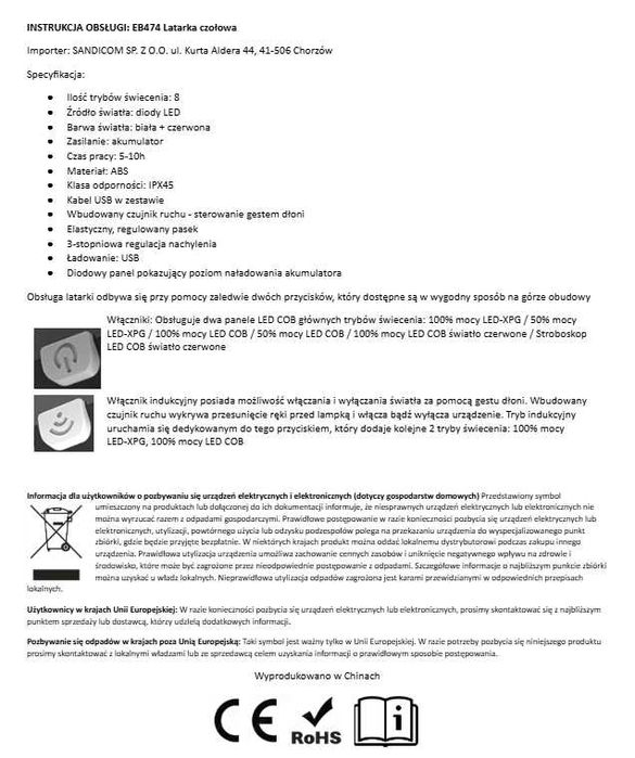 Mocna latarka czołowa led czołówka na głowę czujnik ruchu usb