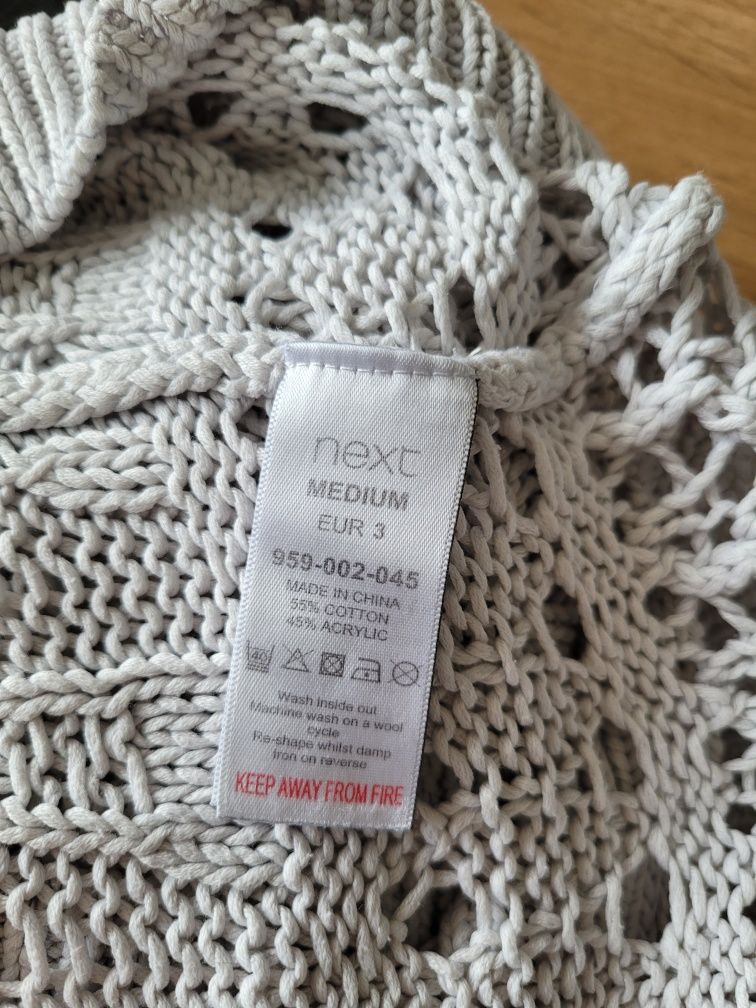 Biały dzianinowy lekki sweter z dziurami tył dłuższy Next M/L bawełna