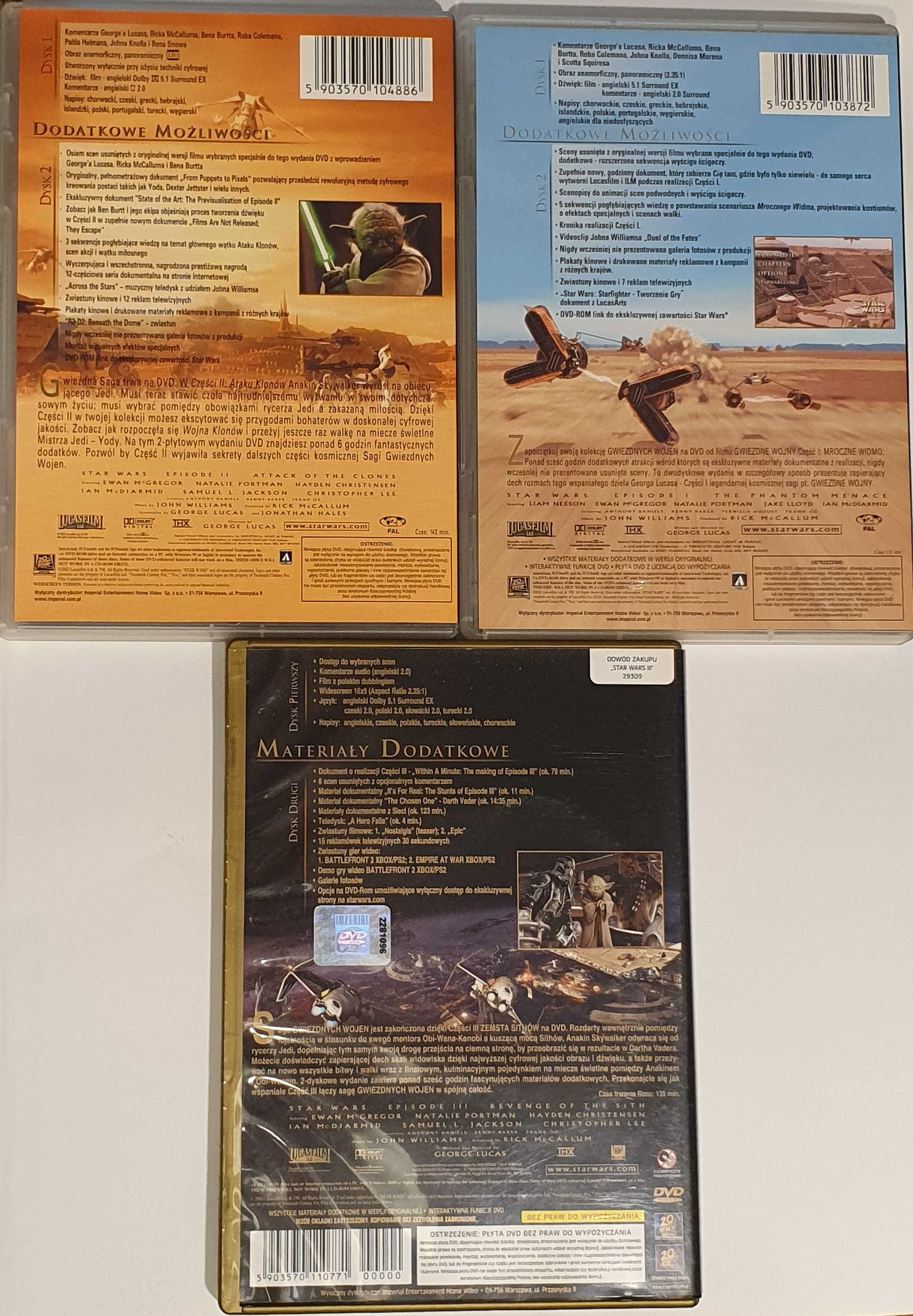 3 filmy Star Wars epizody I II i III plus 3 płyty z dodatkami!