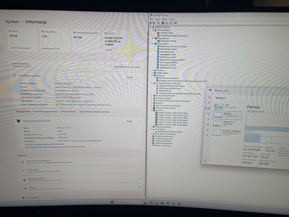 Komputer HP i5-9400 2,9GHz 16GB RAM, 256GB SSD Samsung, Windows 11 Pro
