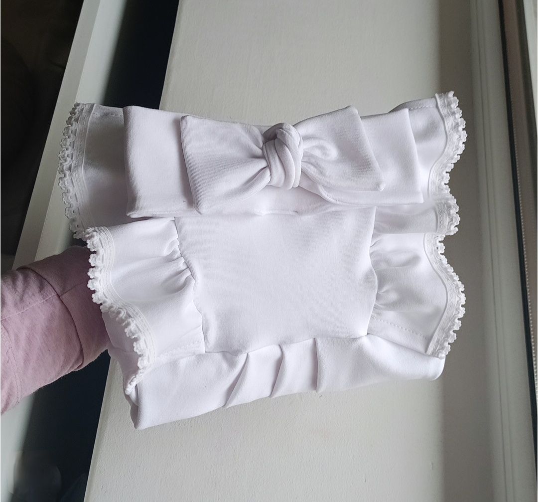 Biała sukienka 68 chrzest chrzciny handmade falbanki opaska na głowe
