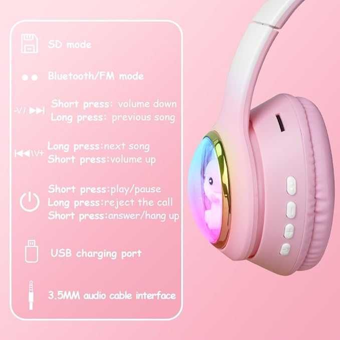 Słuchawki bezprzewodowe dla dzieci, typu „kocie uszy” Bluetooth