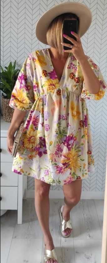 H&M sliczna bawelniana kolorowa tunika sukienka w kwiaty S