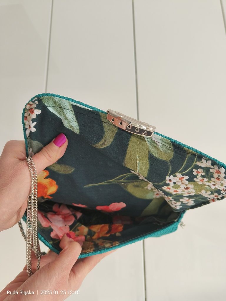 Zielona Torebka Kopertówka Wyszywana na Kanwie z podszewką  Handmade