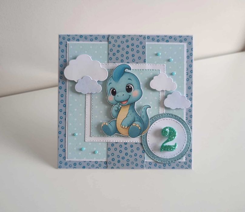 Kartka na urodziny, roczek ręcznie robiona dinozaur