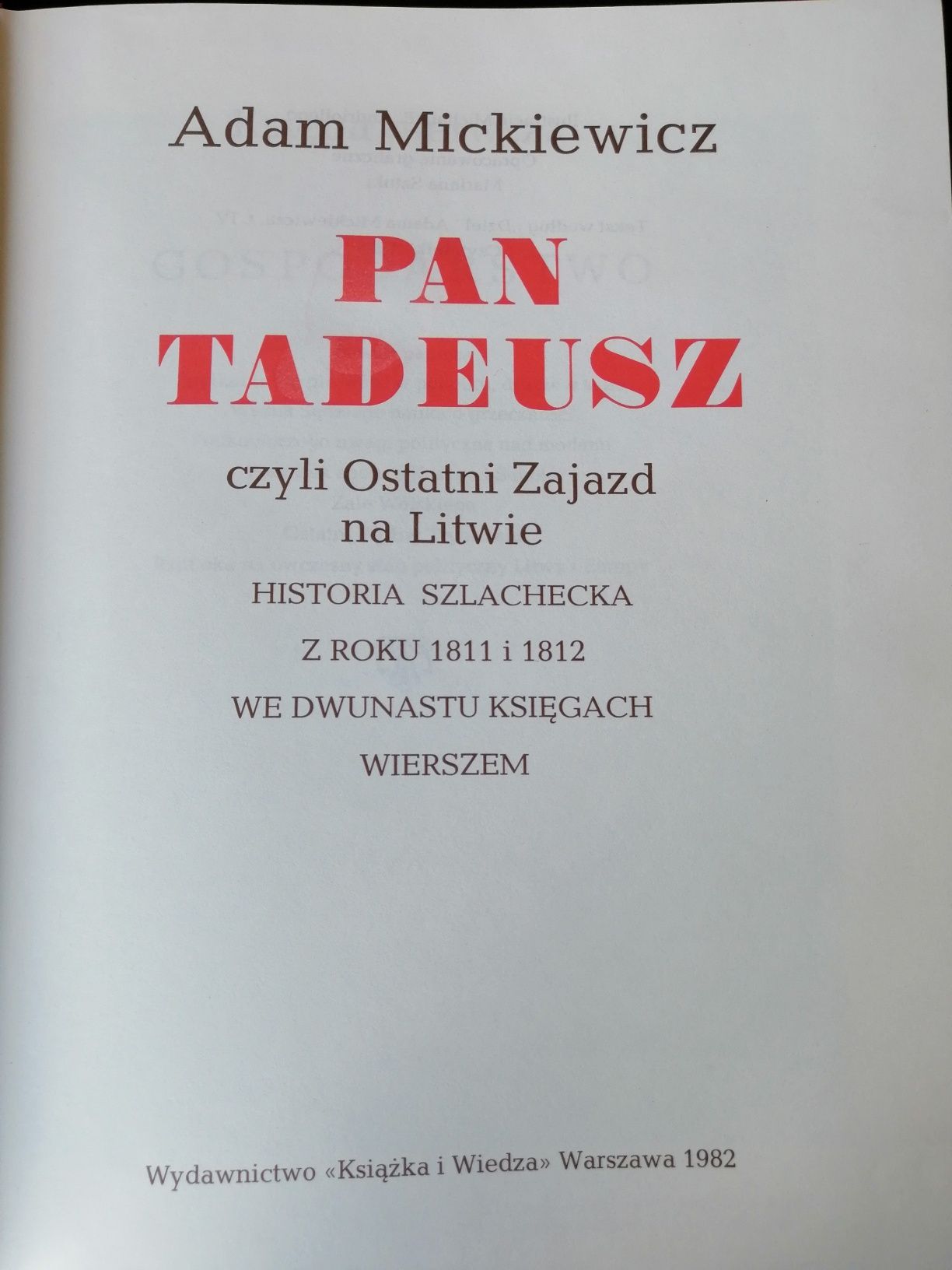 Książka" Pan Tadeusz" Adam Mickiewicz z 1982 roku twarda oprawa