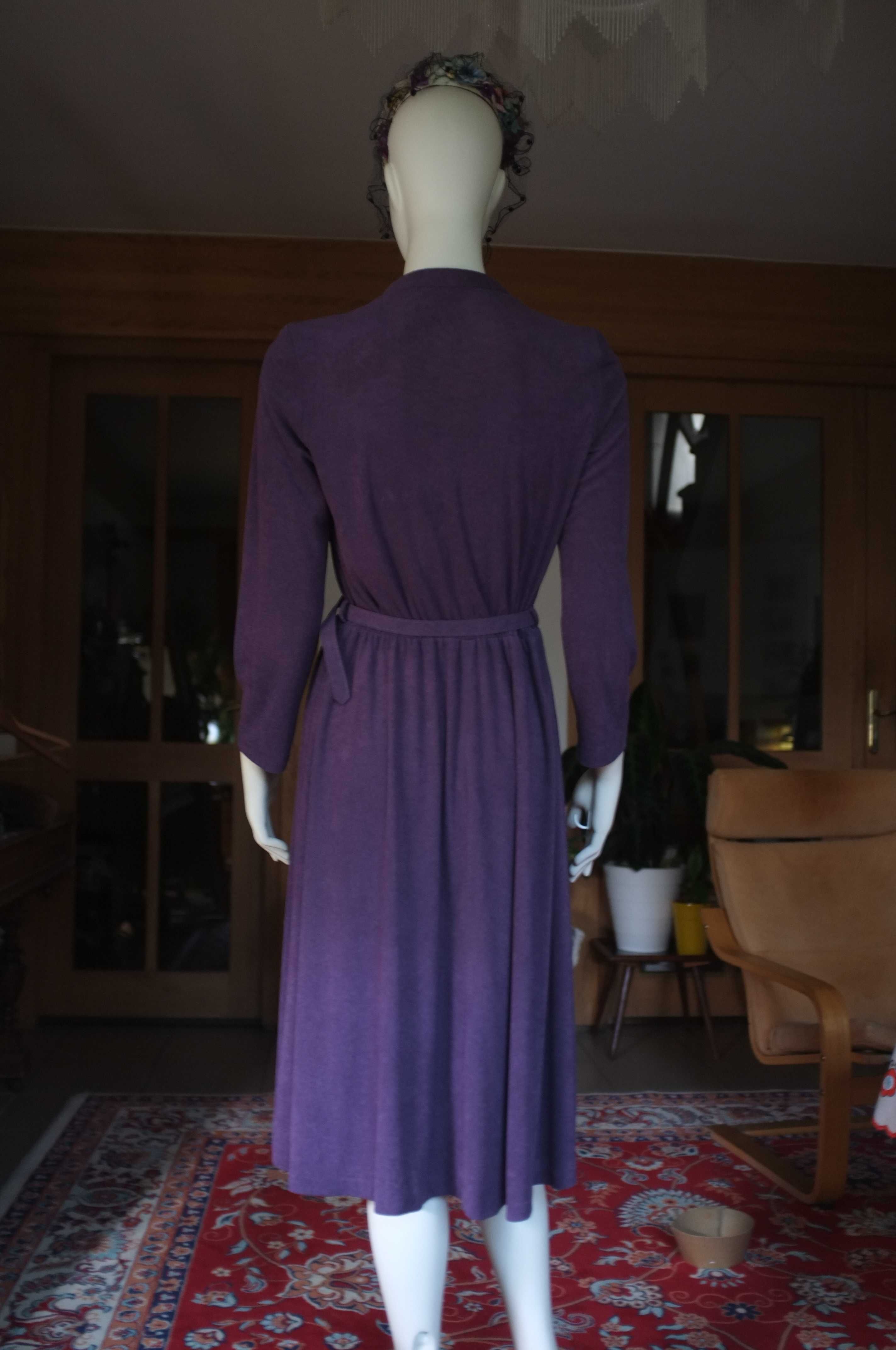 zabytkowa sukienka midi real vintage frotte dekolt woda śliwkowa prl