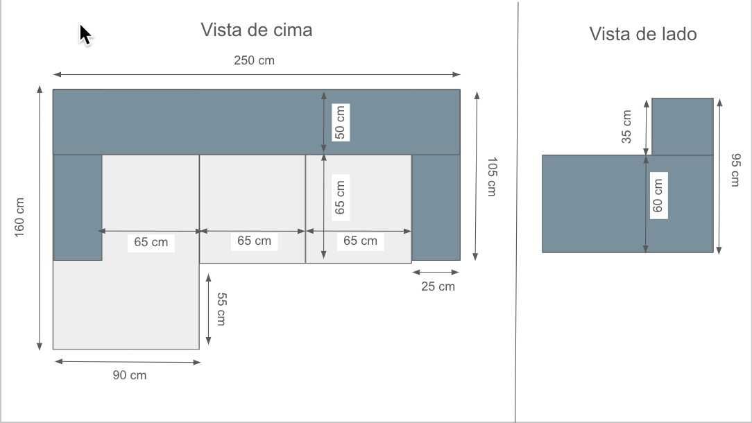 Sofá com chaise longue (1 chaise fixa + 2 extensiveis) 250x160cm
