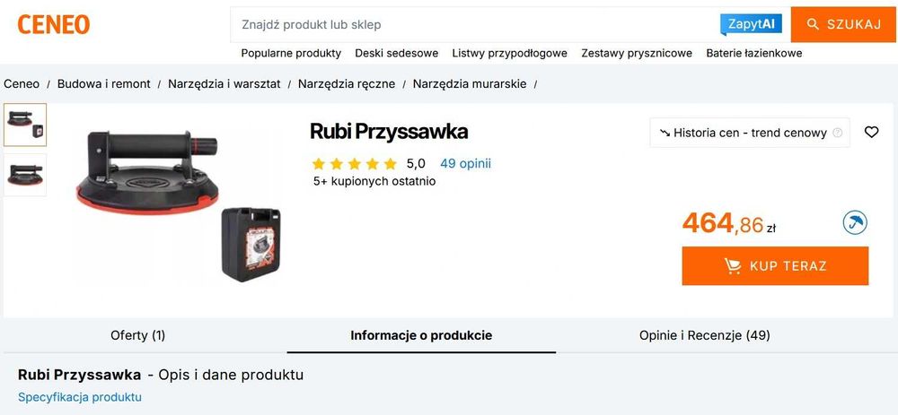 Przyssawka próżniowa do płytek z pompką RUBI SC-200 walizka Komplet