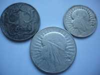 Monety II RP - zestaw 1 zł z 1929r oraz 2 zł i 5 zł głowa kobiety