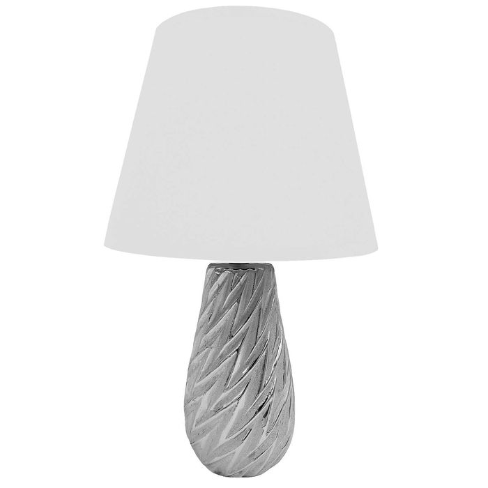 Lampka nocna srebrna z białym kloszem lampa stołowa biurkowa do salonu