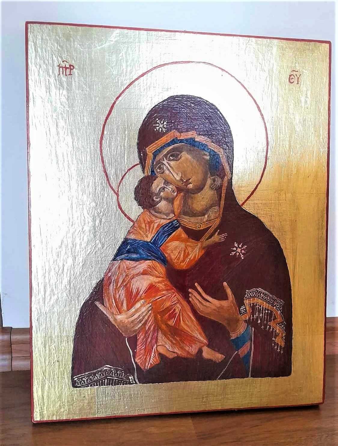 Ikona pisana na drewnie złoto płatkowe Matka Boża Włodzimierska 39 cm