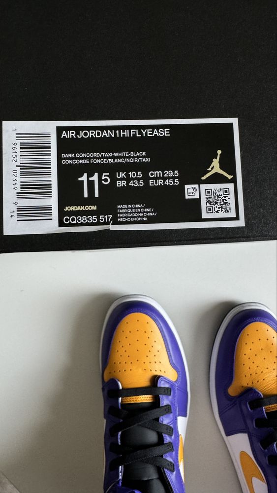 Nike Air Jordan 1 Hi FlyEase Lakers rozmiar 45.5 wkładka 29.5 cm Taxi