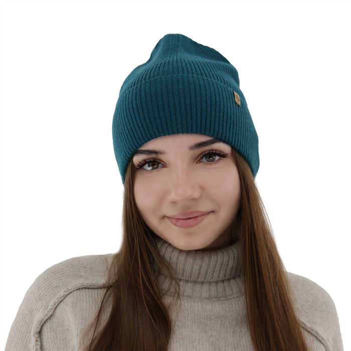 Szmaragdowa czapka z wełny merino i kaszmiru prążek jesień nowa