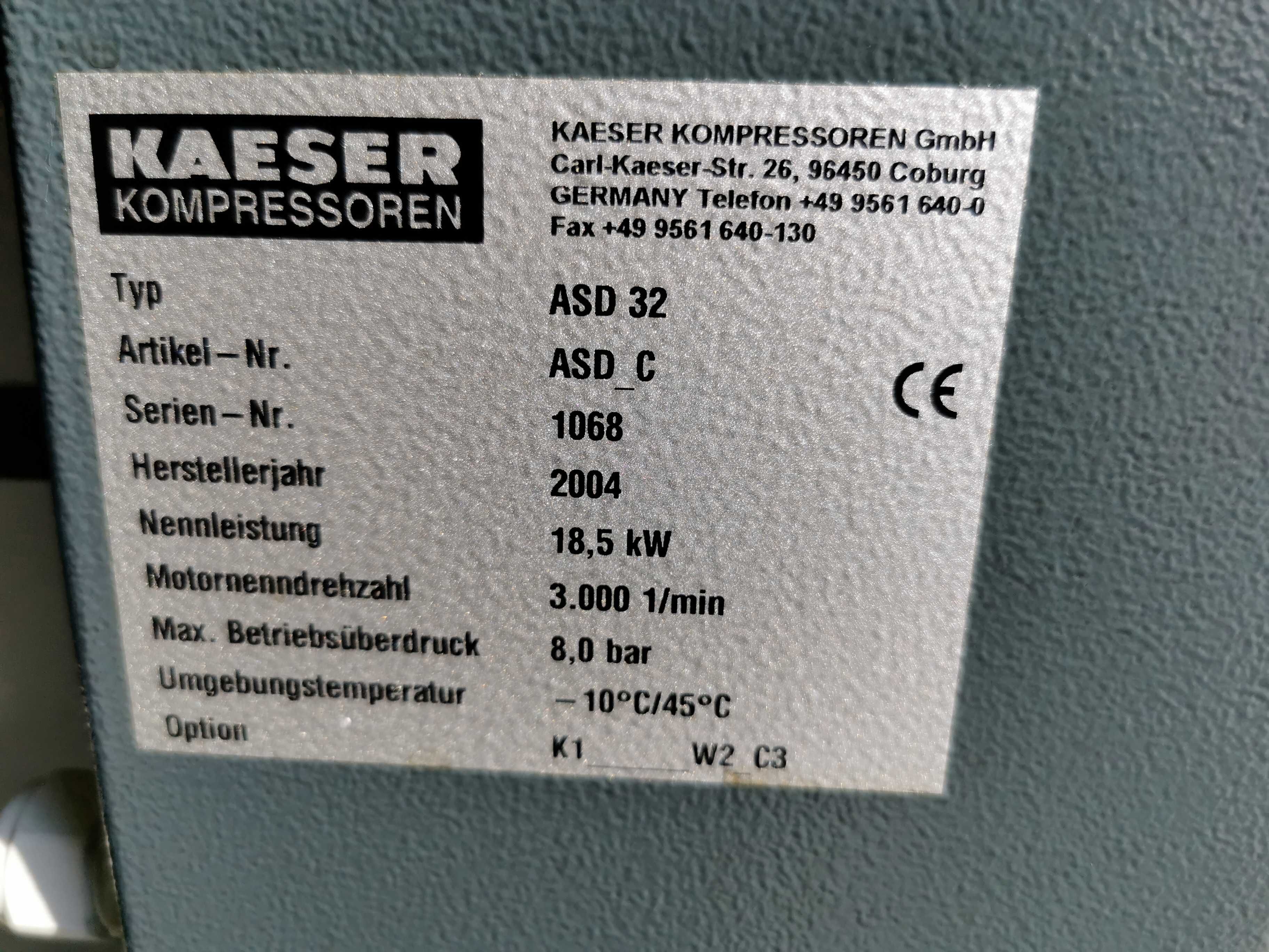 18.5kw  3200L/min Sprężarka śrubowa KAESER ASD 32 kompresor 8 bar