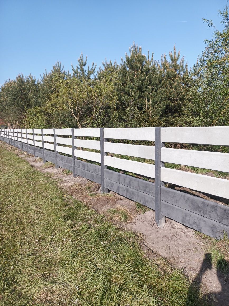 Nowoczesne ogrodzenie betonowe, palisadowe, płyty betonowe barwione