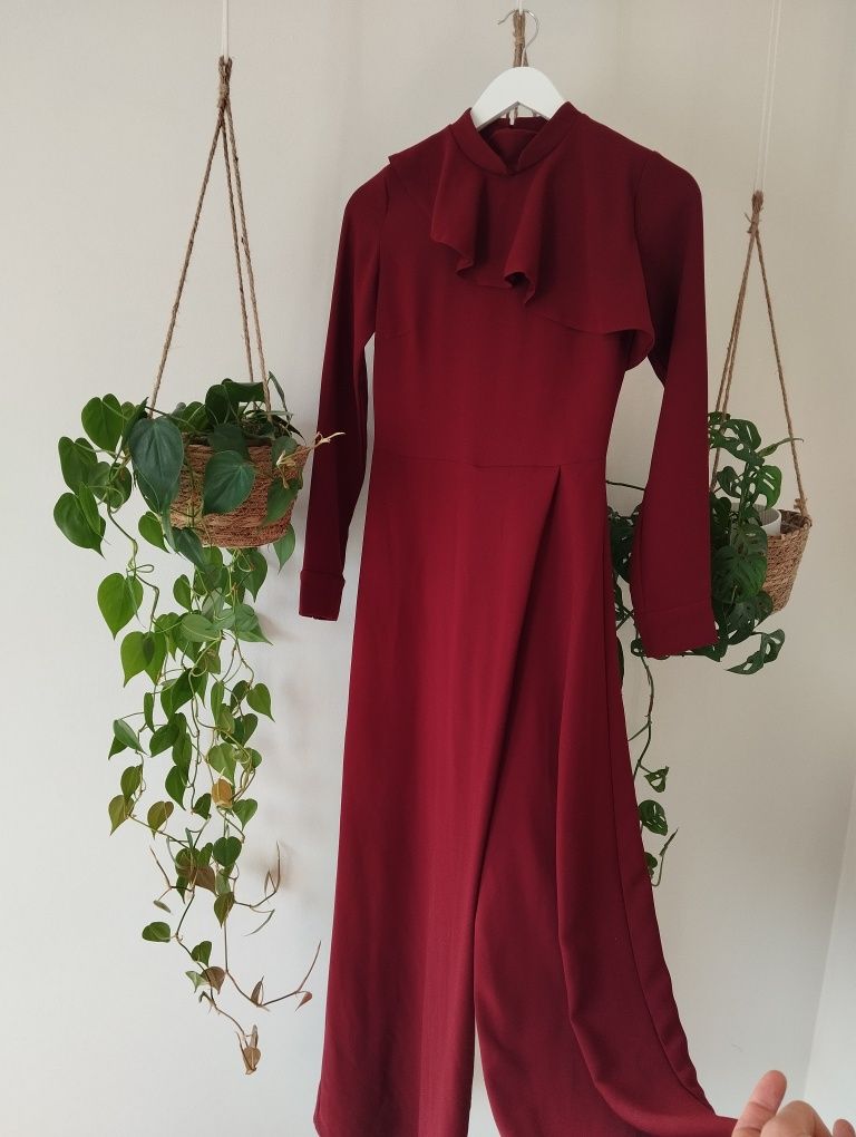 Kombinezon wieczorowy, elegancki, z szerokimi nogawkami, burgundowy, b