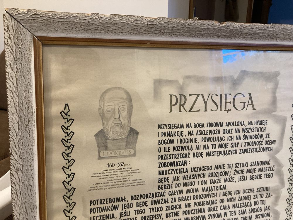Vintage przysiega Hipokratesa w drewnianej ramie