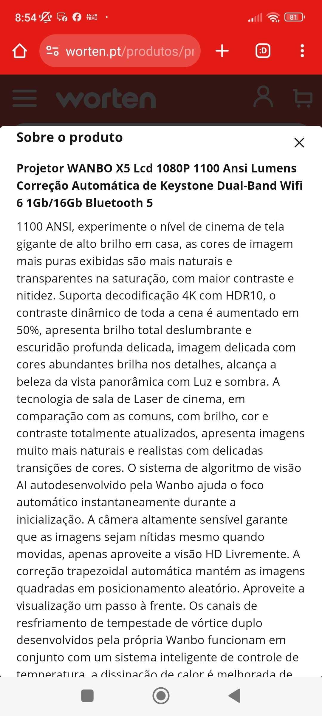Projetor Wanbo x5 LCD 1080 P 1100 ANSI=33000 lúmens