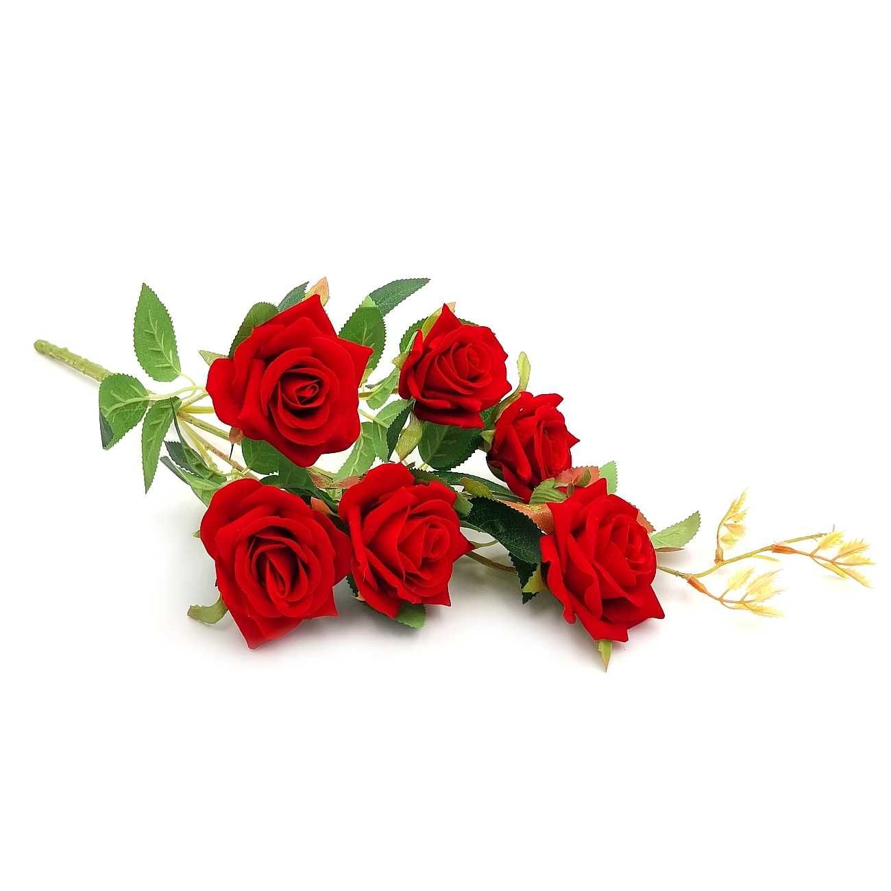 Róża czerwona gałązka 50cm bukiet 6szt sztuczne róże welurowe