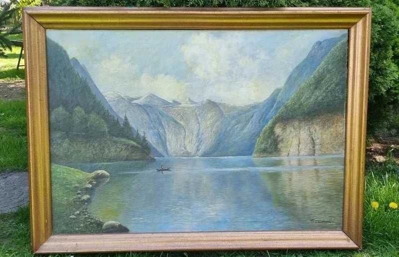 Stary Obraz Widok na jezioro w górach. 19/20 wiek. Olej 115x80 cm