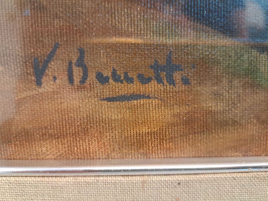 Obraz olejny na płótnie miasto ulica ludzie V. Bonetti certyfikat