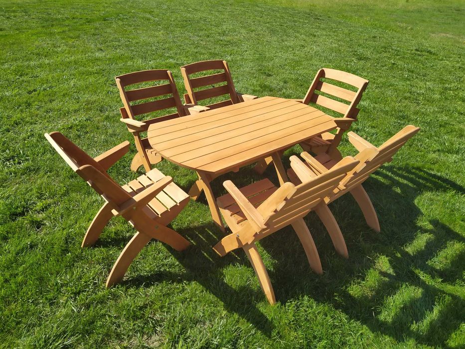 Meble ogrodowe drewniane, składane, 6 krzeseł + stół owalny X2