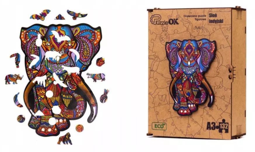 Puzzle drewniane 132 elementy. Słoń Indyjski. Maksik. Nowy Produkt