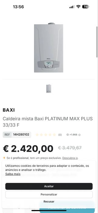 Caldeira mista Baxi PLATINUM MAX PLUS 33/33 F ( NOVA)