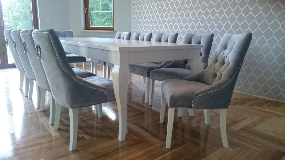 Krzesło tkanina siwa szara z kołatką hampton glamour chesterfield nowe