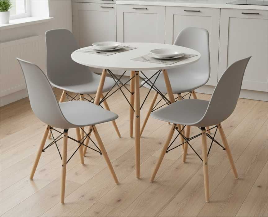 NOWY Biały Okrągły Stół 80 cm z Krzesłami Do Jadalni Kuchni Salonu FV