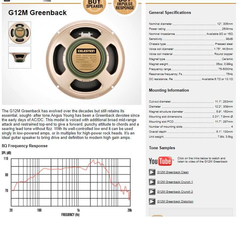 Altifalantes Celestion G12M Greenback 8 ou 16 Ohm Made in UK NOVOS