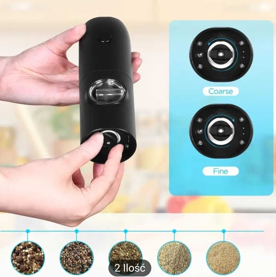 Młynki elektryczne do przypraw 2 sztuki ładowane USB na podstawie.
