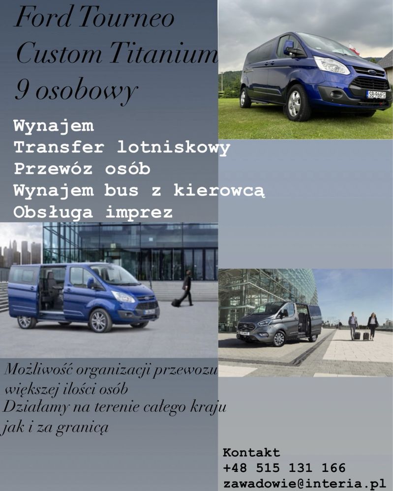 Wynajem bus 9 osobowy Ford Tourneo Custom transfery transport osób
