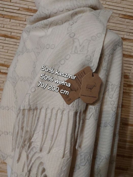 Piękny szal 50%kaszmir 50% wełna Cashmere r200x70 kolor jasny beż