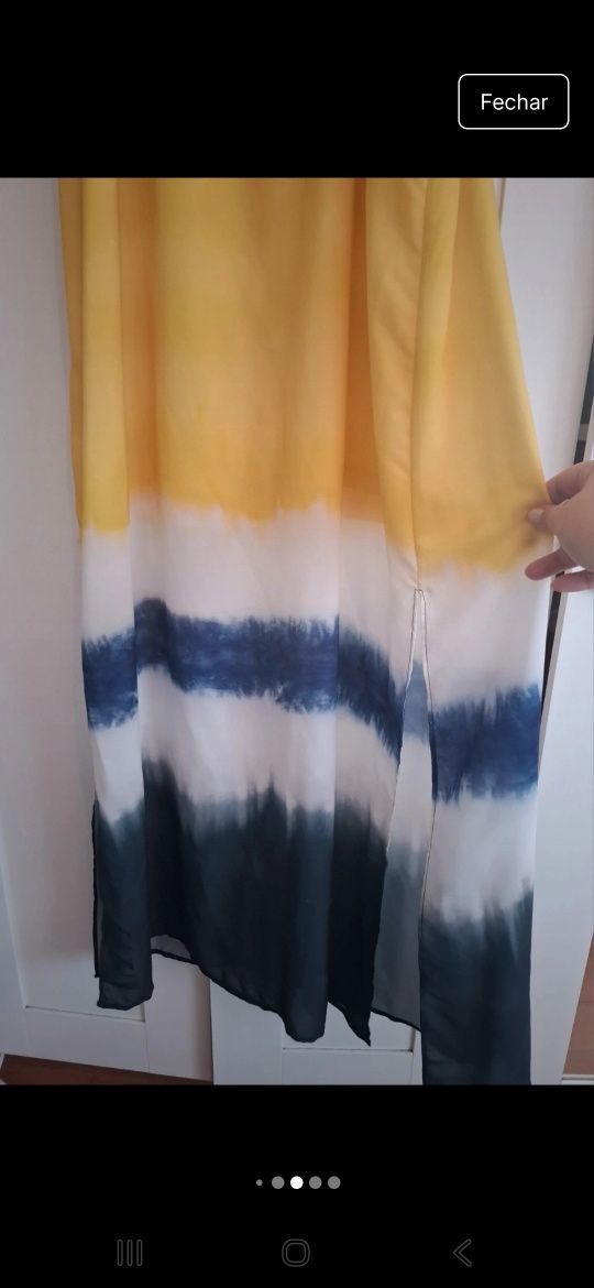 Vestido maxi de verão amarelo e azul