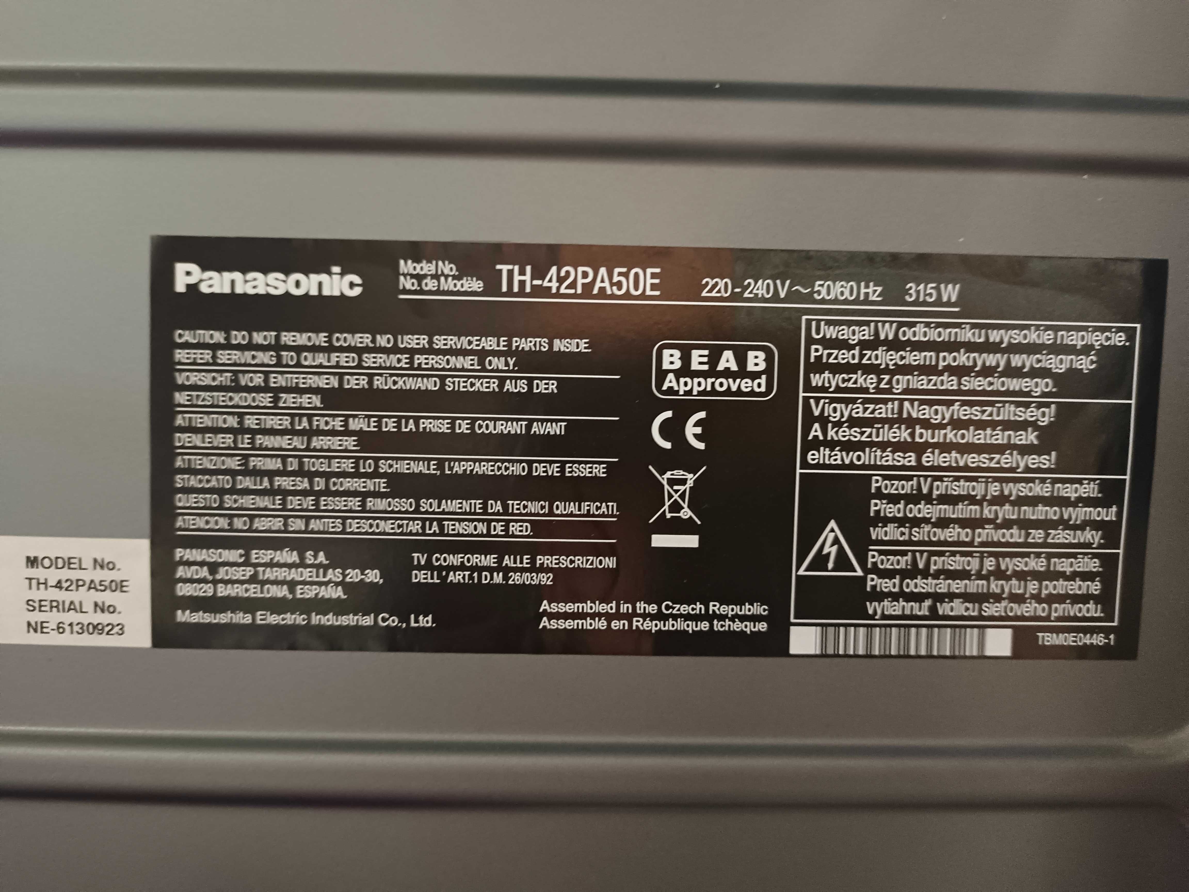 Telewizor plazmowy PANASONIC TH-42PA50E/Sprawny/Brak pilota i podstawy