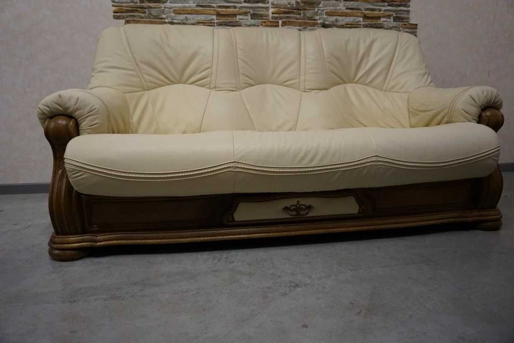 Zestaw na Stelażu Dębowym 3+1 Skóra Naturalna Jasna + Szuflady w-1116