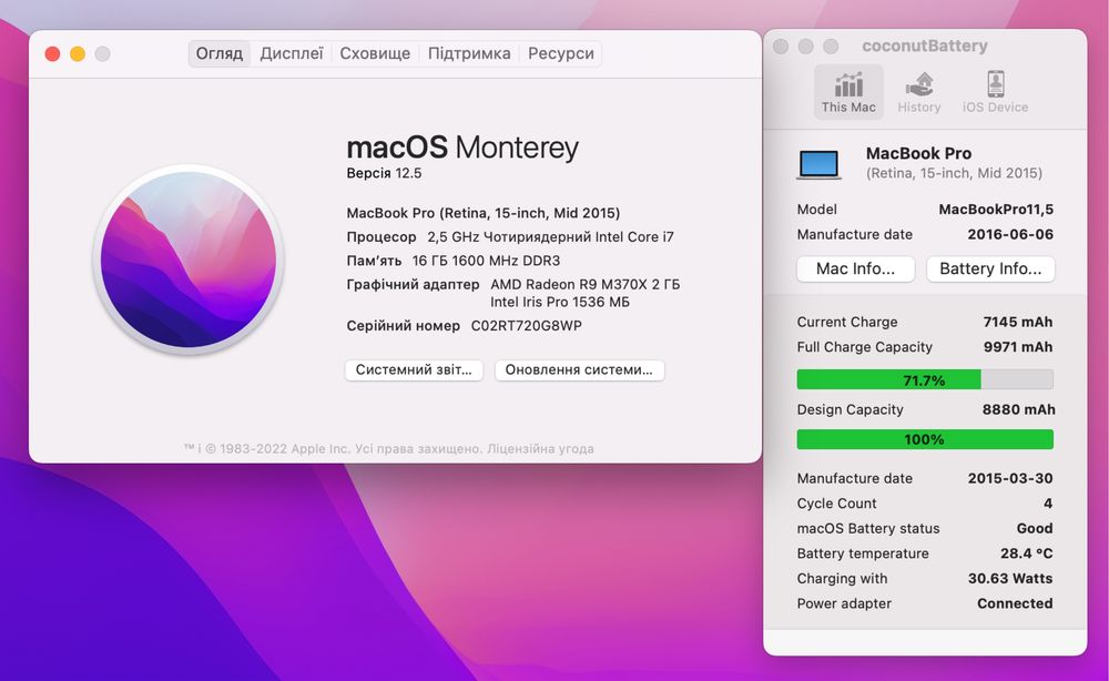 Macbook PRO 15 2015 ( Radeon R9, i7 2.5, 256 SSD, 16GB RAM, 100% Акб )