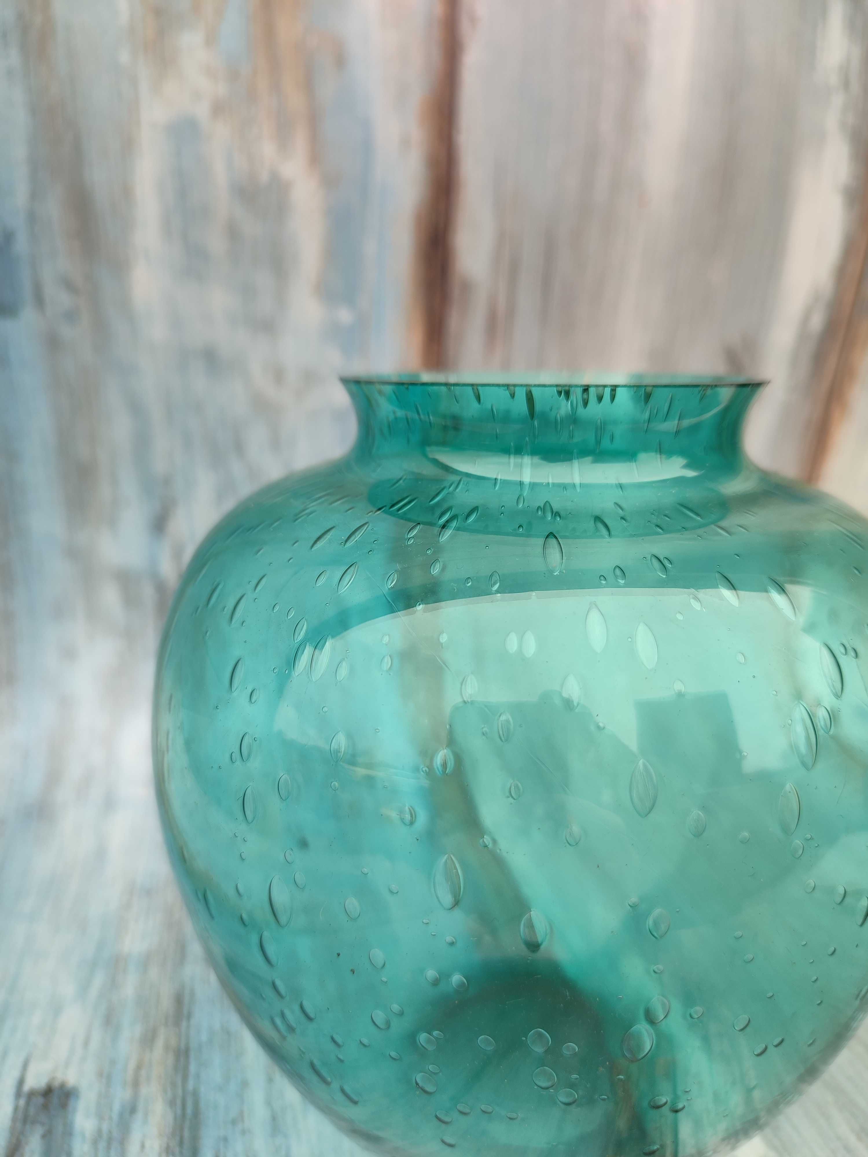 Szklany wazon Turkusowy - szkło z bombelkami lata 60/70 Vintage