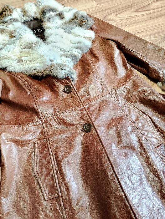 Brązowy Damski Skórzany Płaszcz Guess