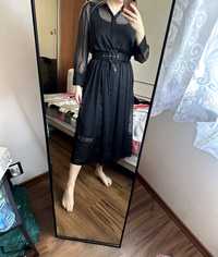 sukienka midi czarna , sukienka dwuczęściowa z paskiem , elegancka