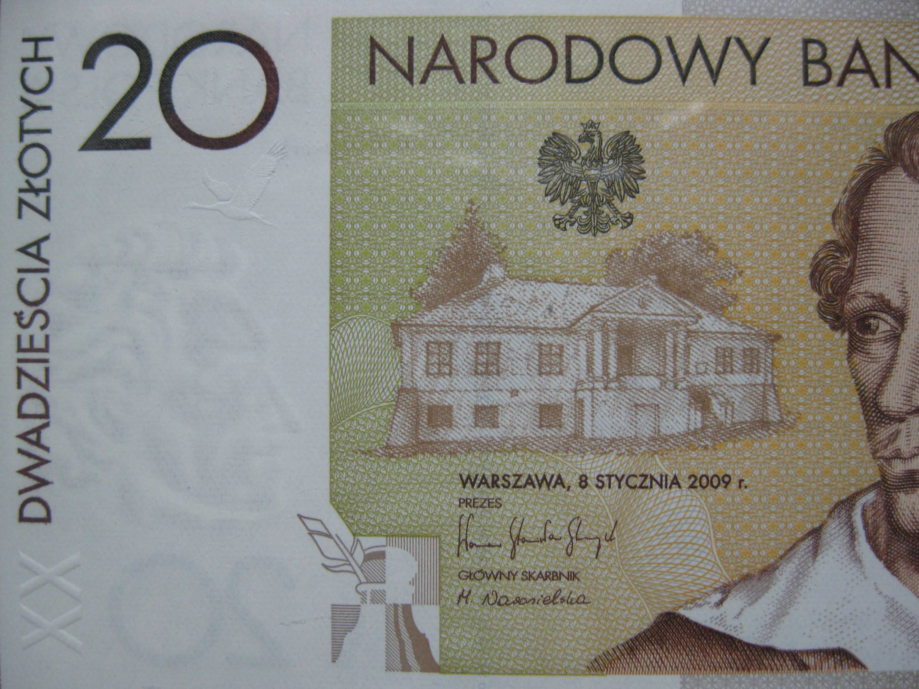 Banknot kolekcjonerski 20 złotych JULIUSZ SŁOWACKI  2009 r PMG 66 UNC