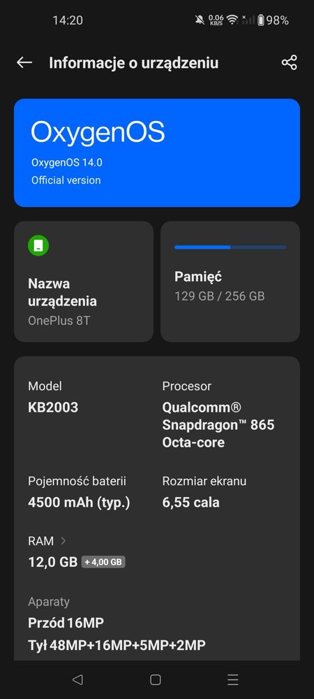 OnePlus 8T 12/256GB 5G - android 14 - 100% sprawny z ladowarką